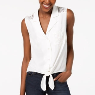 Monteau Women's Petite Lace-Back Tie-Hem Top  White Size Petite M