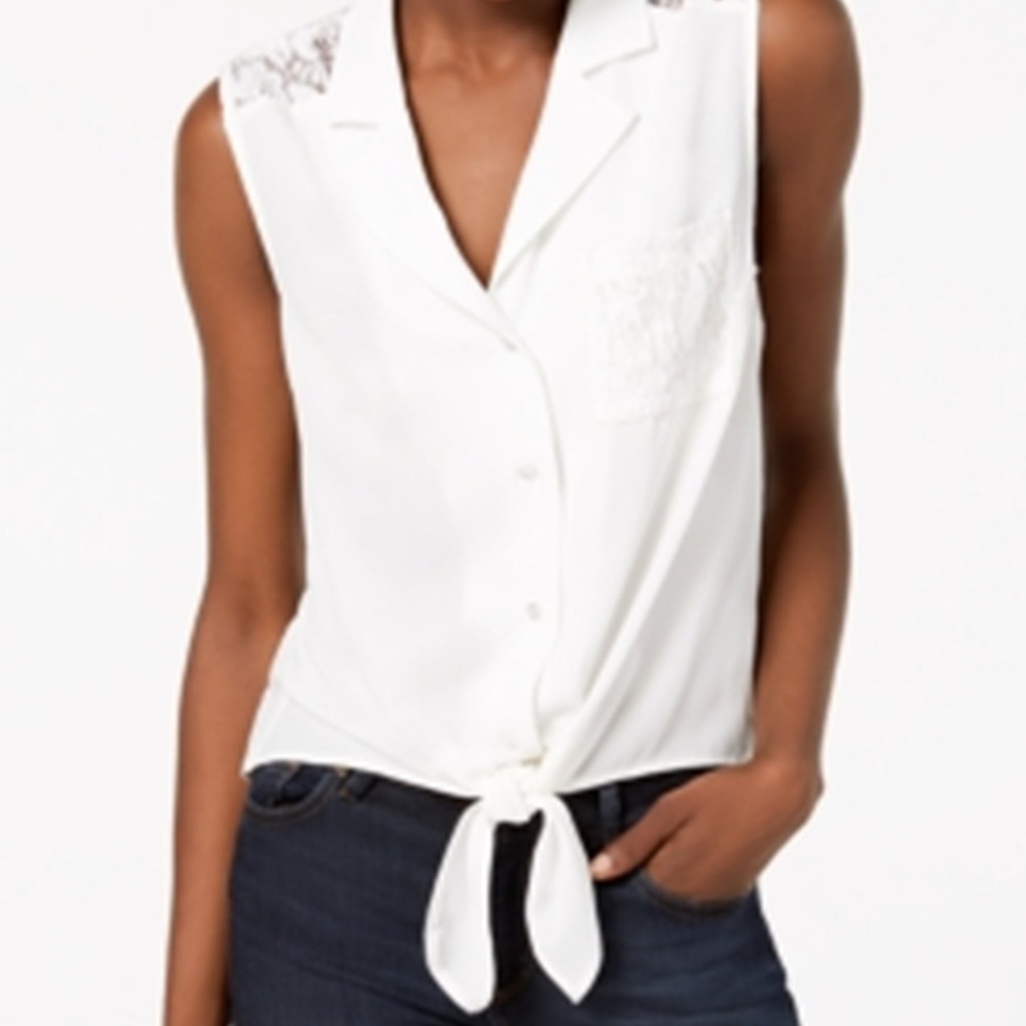 Monteau Women's Petite Lace-Back Tie-Hem Top  White Size Petite M