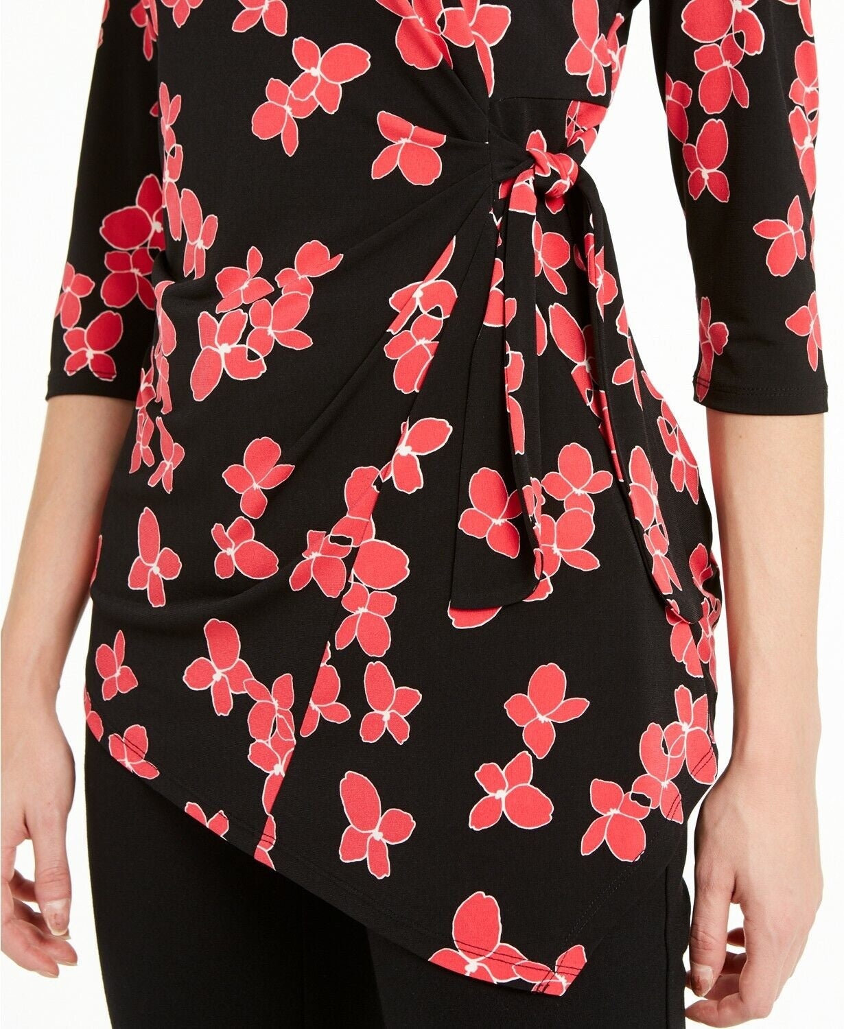 Alfani Women's Petite Floral-Print Side-Tie Top  Black Size Petite