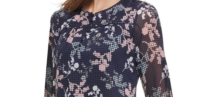 Tommy Hilfiger Women's Button-Up Tie-Cuff Floral Print Blouse Charcoal Size Small