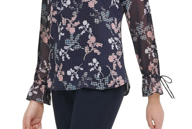 Tommy Hilfiger Women's Button-Up Tie-Cuff Floral Print Blouse Charcoal Size Small