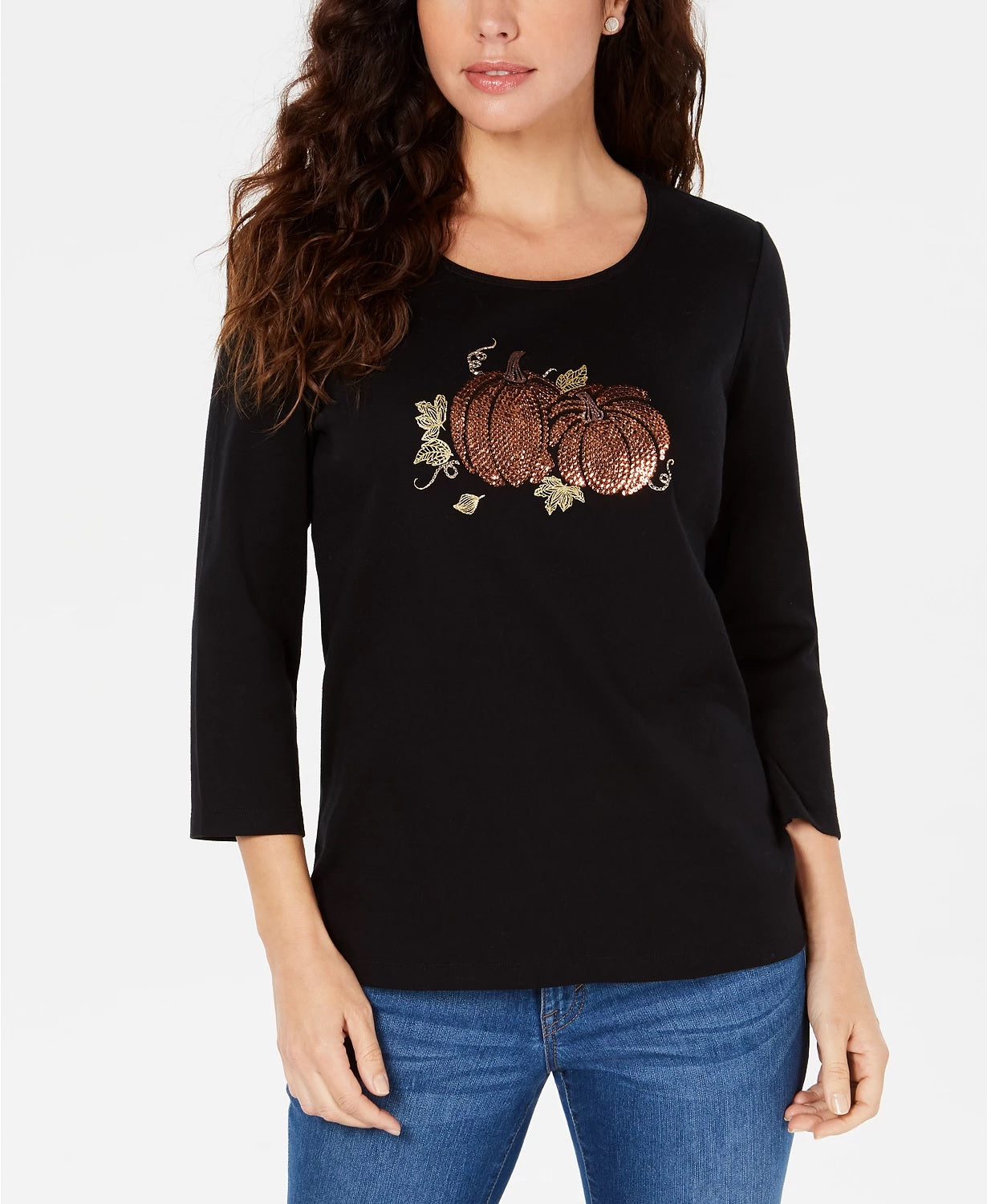 Karen Scott Women's Cotton Pumpkin-Graphic Top Black Size Large