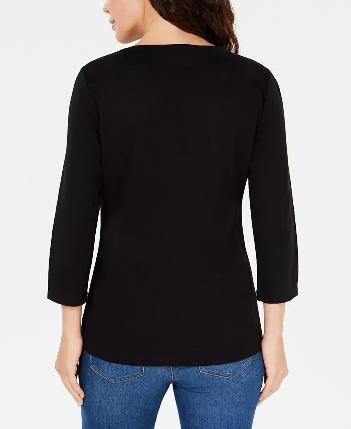 Karen Scott Women's Cotton Pumpkin-Graphic Top Black Size Large