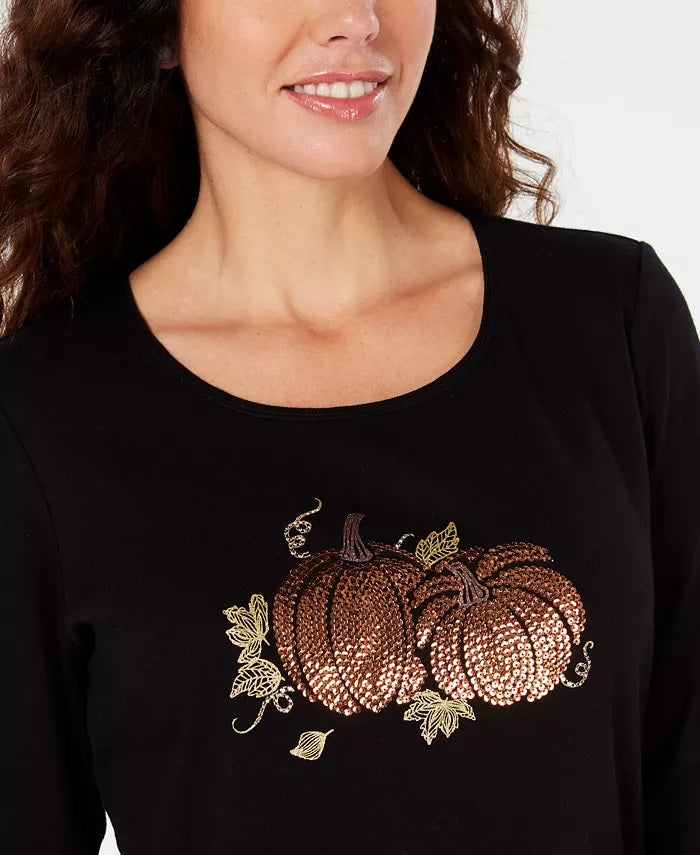 Karen Scott Women's Cotton Pumpkin-Graphic Top Black Size Large