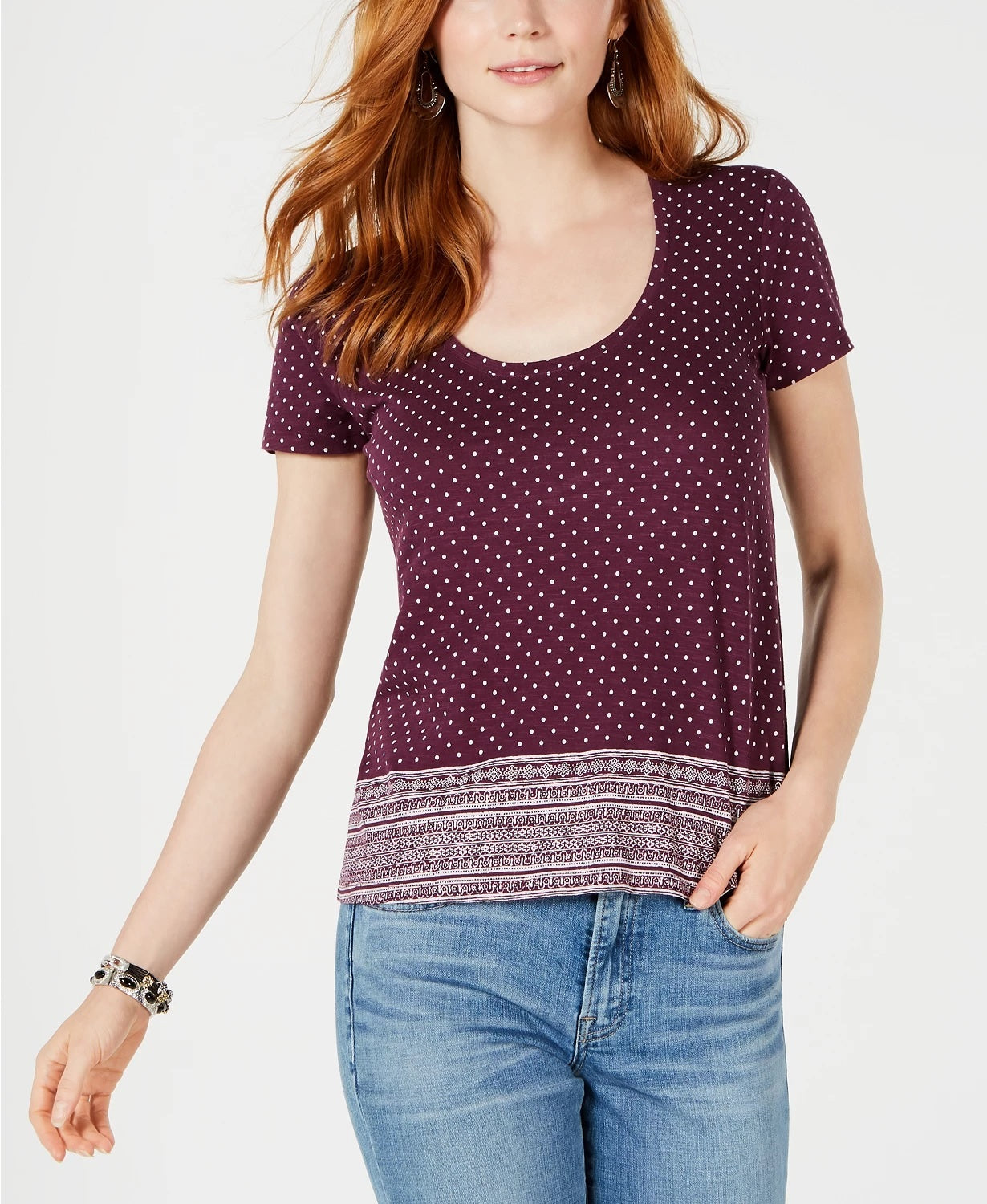 Lucky Brand Women's Cotton Border-Print Scoop-Neck T-Shirt Purple Size Small