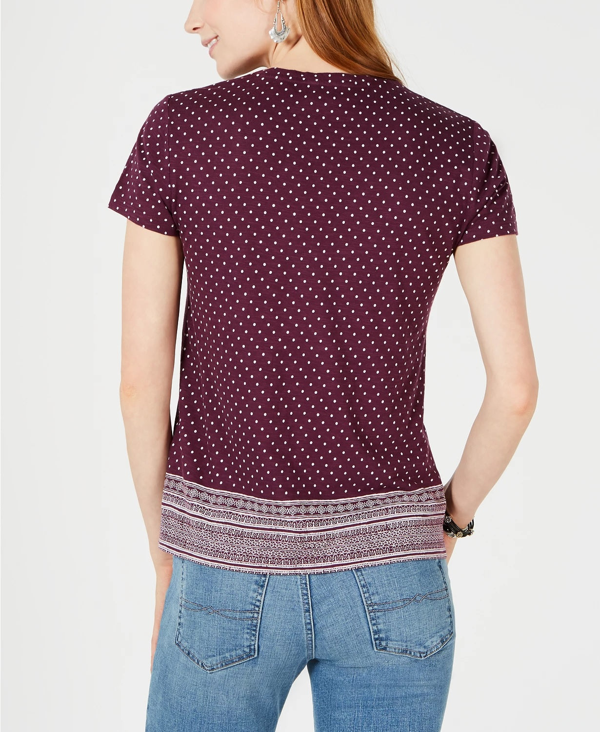 Lucky Brand Women's Cotton Border-Print Scoop-Neck T-Shirt Purple Size Small