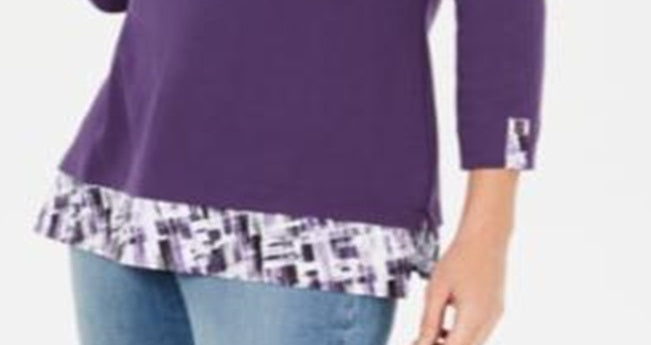 Karen Scott Women's Printed Trim Top Purple Size Petite S