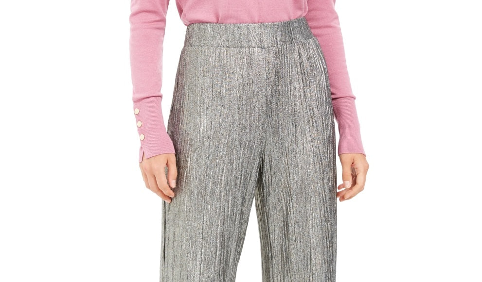 JM Collection Women's Metallic Crinkle Pants Silver Metallic  Size X-Large