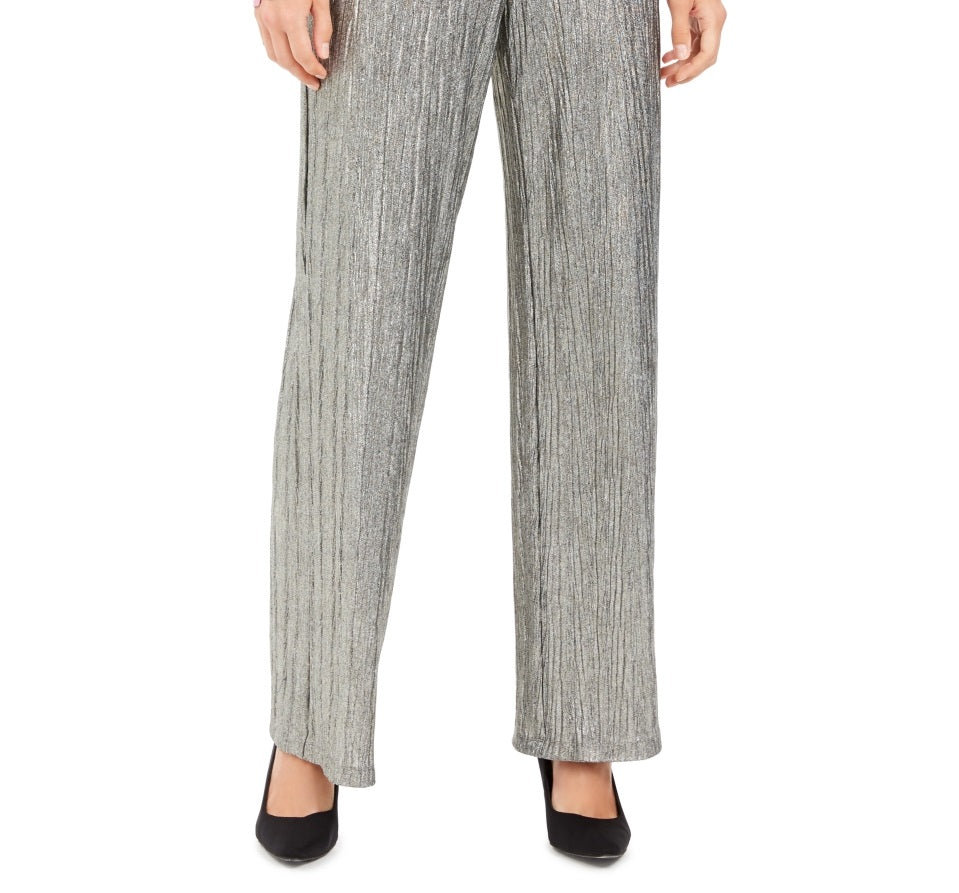 JM Collection Women's Metallic Crinkle Pants Silver Metallic  Size X-Large