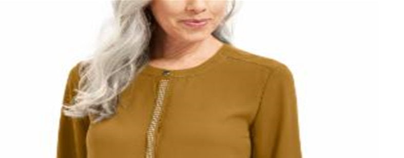 JM Collection Women's Studded Button Cuff Top Mustard Size Petite L