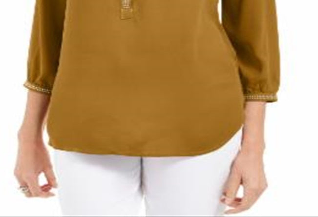 JM Collection Women's Studded Button Cuff Top Mustard Size Petite L