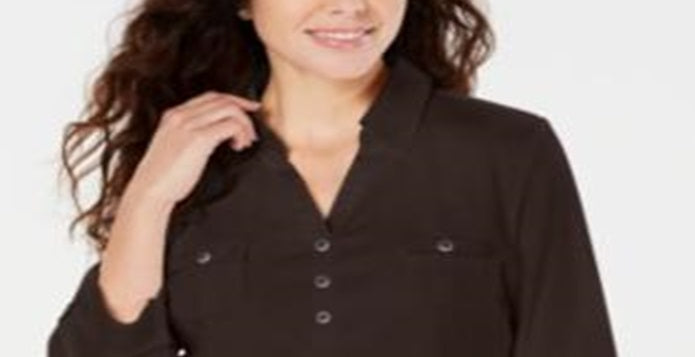 Karen Scott Women's Cotton Johnny Collar Utility Shirt Chocolate Size Small