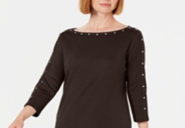 Karen Scott Women's Sport Cotton Studded 3/4 Sleeve Shift Dress Chocolate Size Small