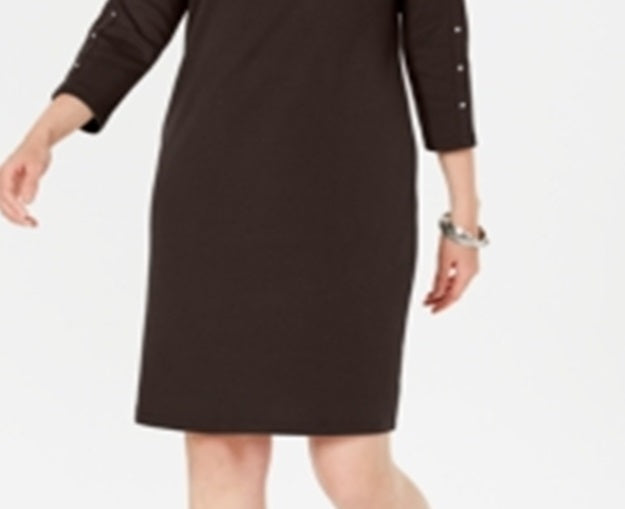 Karen Scott Women's Sport Cotton Studded 3/4 Sleeve Shift Dress Chocolate Size Small