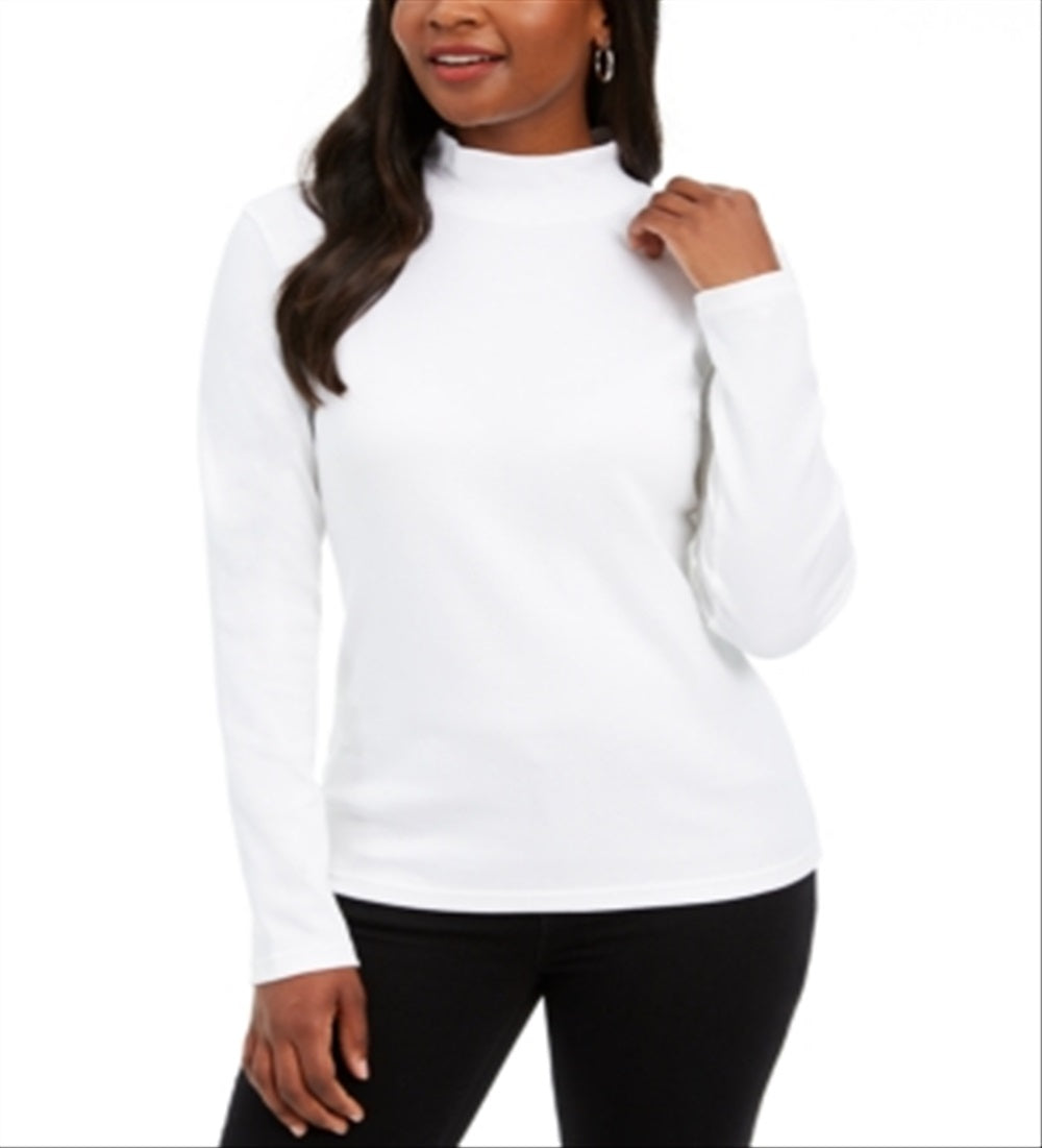 Karen Scott Women's Long Sleeve Mock Neck Cotton Top White Size Petite S