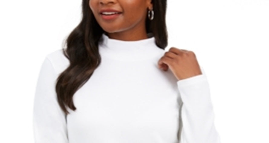 Karen Scott Women's Long Sleeve Mock Neck Cotton Top White Size Petite S