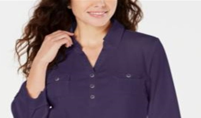 Karen Scott Women's Cotton Johnny Collar Utility Shirt -Purple Size Large