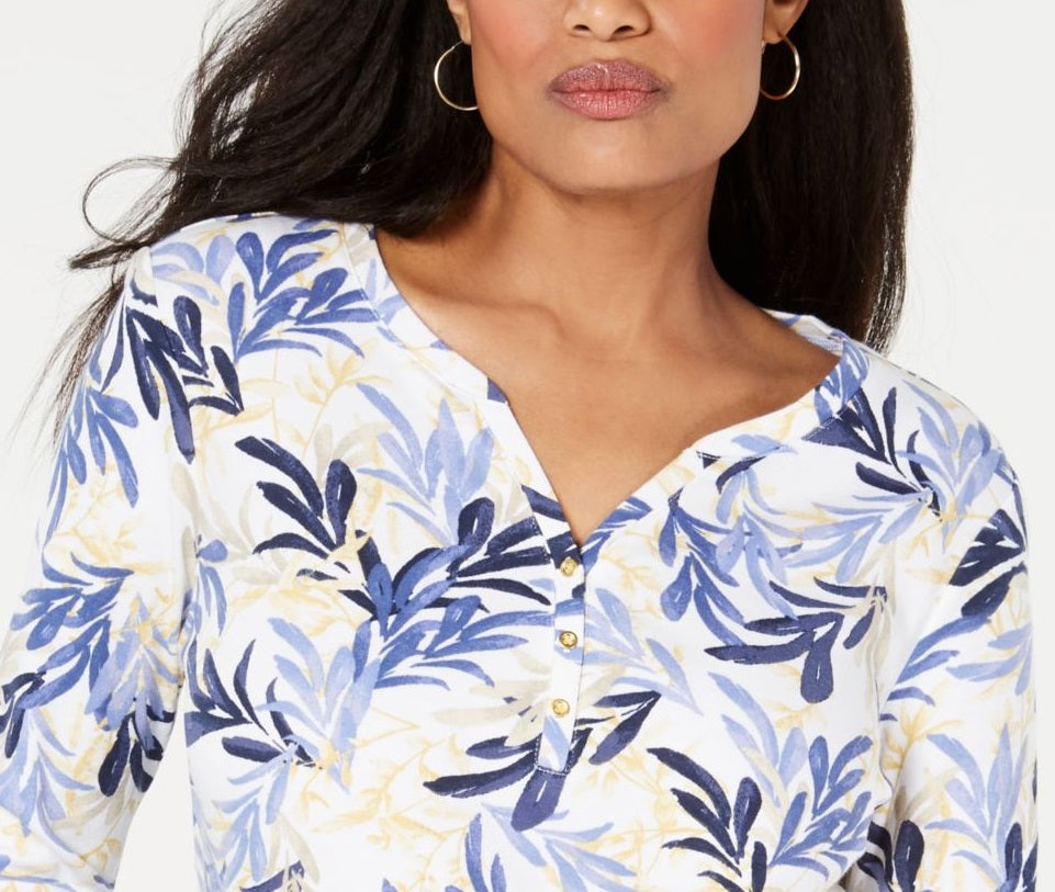 Karen Scott Women's Printed Henley Shirt Blue Size Petite