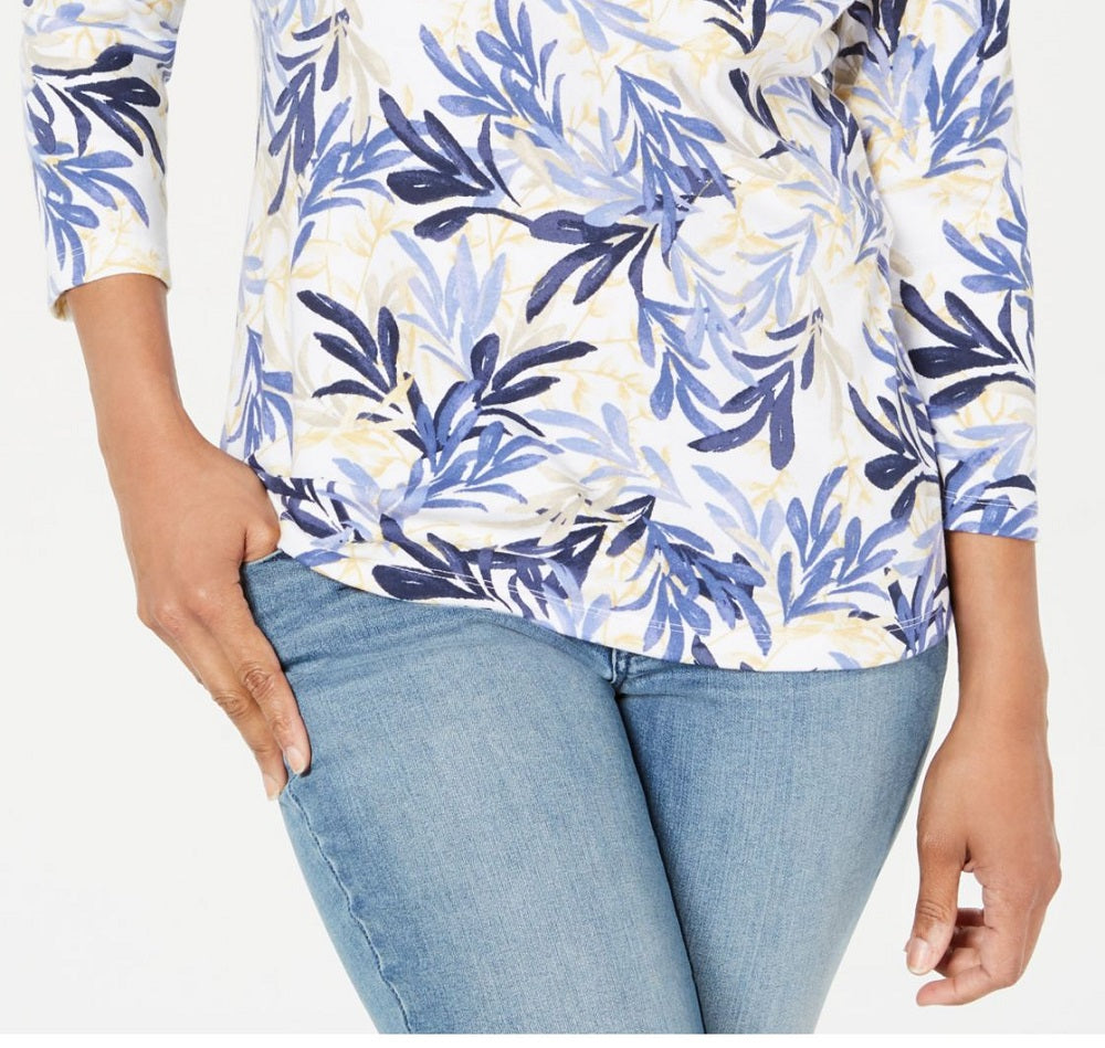 Karen Scott Women's Printed Henley Shirt Blue Size Petite