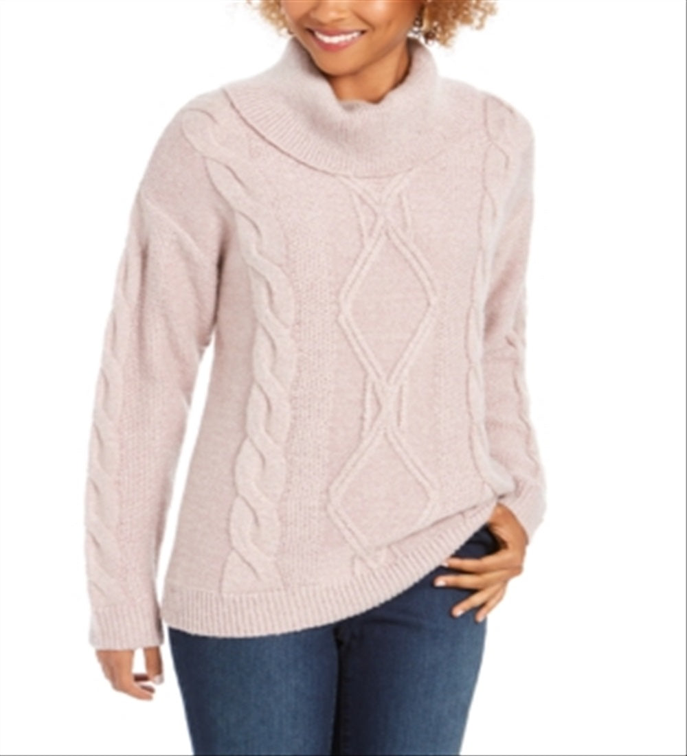 Charter Club Women's Embellished Textured Long Sleeve Cowl Neck Sweater Pink Size Petite Large