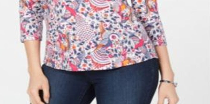 Charter Club Women's Pima Cotton Printed Boat Neck Top  Multi Floral Size Large
