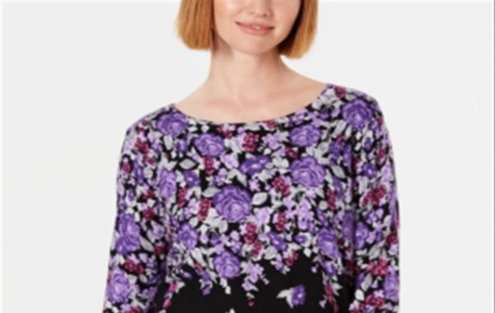Karen Scott Women's Petite Printed 3/4-Sleeve Sweater Black Size Petite Small