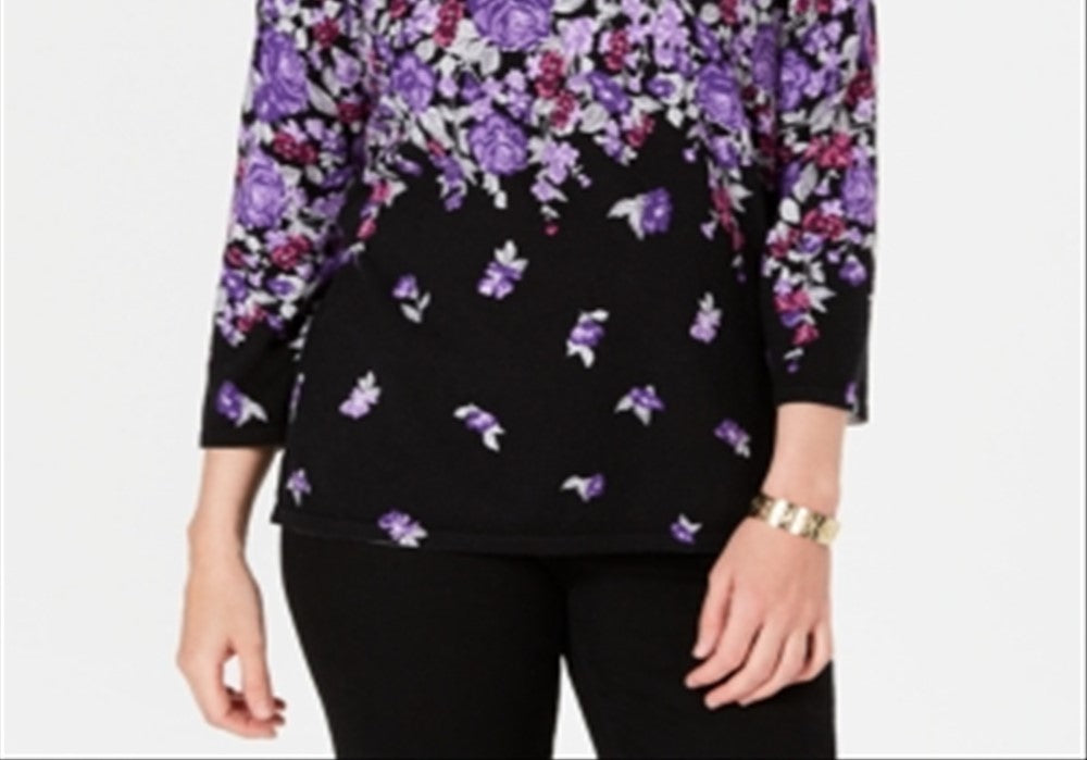 Karen Scott Women's Petite Printed 3/4-Sleeve Sweater Black Size Petite Small