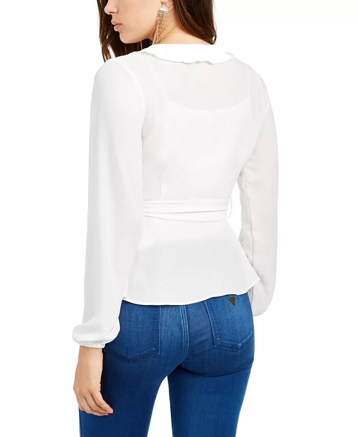 Q & A Women's Ruffle Faux-Wrap Blouse White Size X-Large