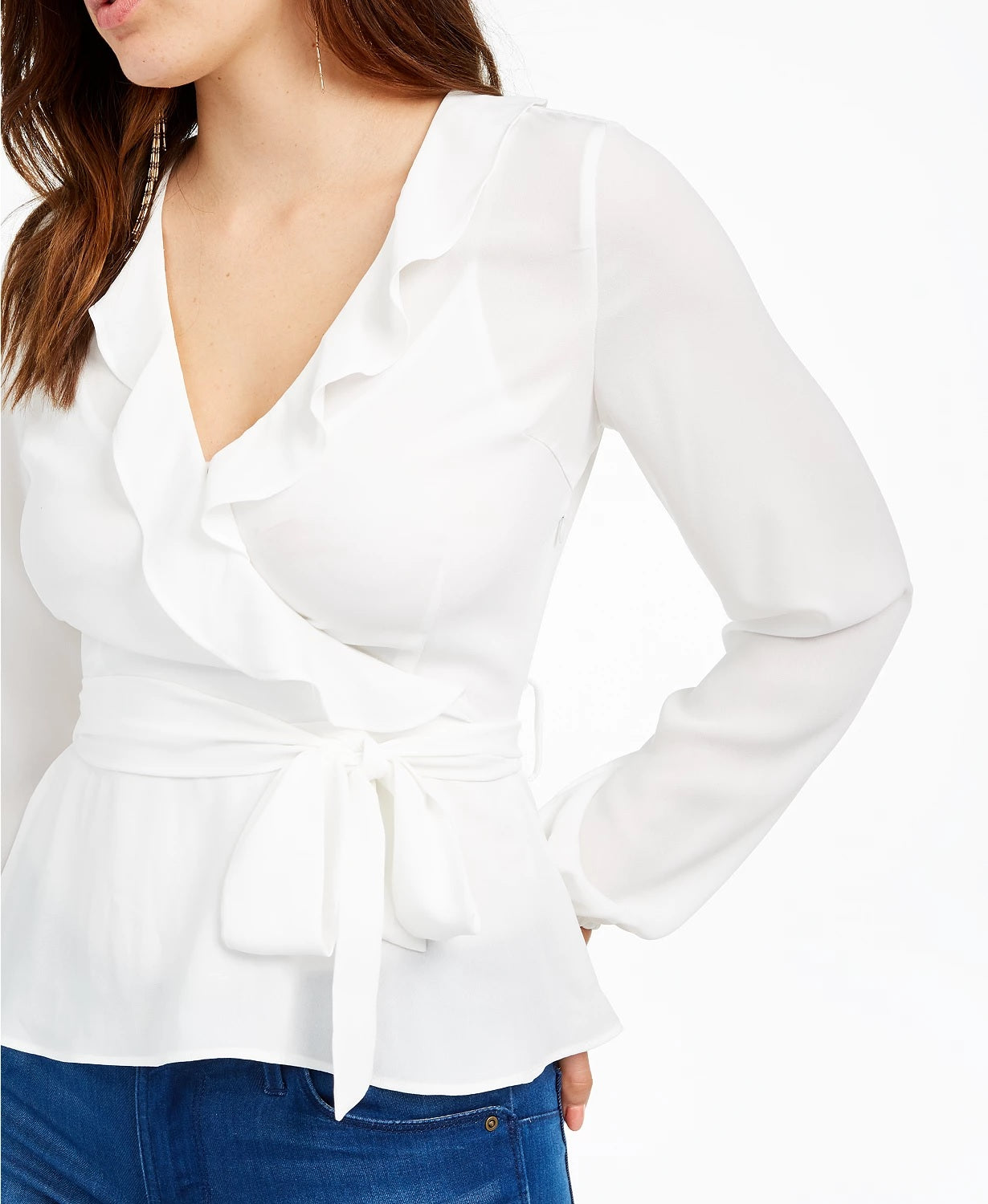 Q & A Women's Ruffle Faux-Wrap Blouse White Size X-Large