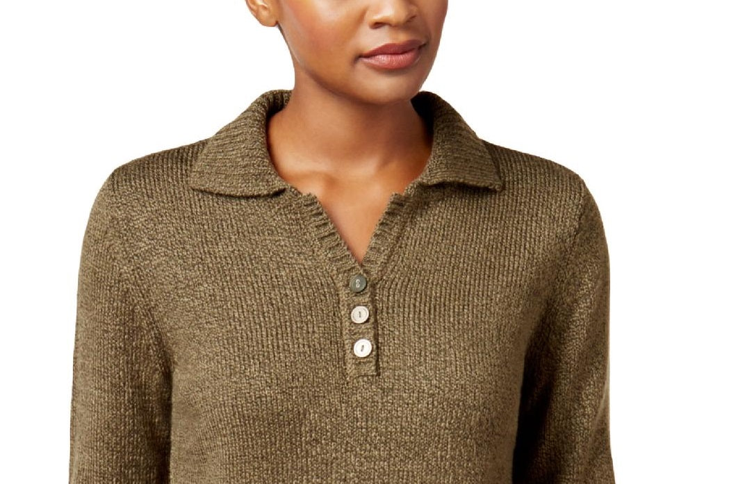 Karen Scott Women's Tt Johnny V Neck Collared Pullover Sweater Brown Size Petite X-Large