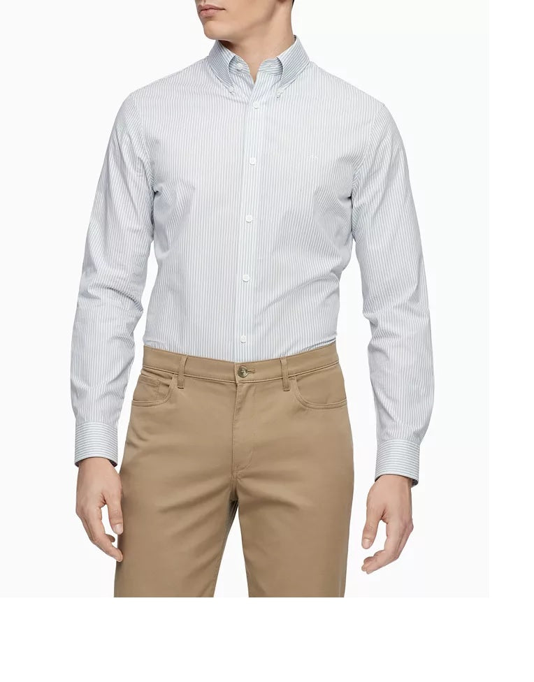 Calvin Klein Men's Slim-Fit Stretch Striped Shirt White Size X-Large
