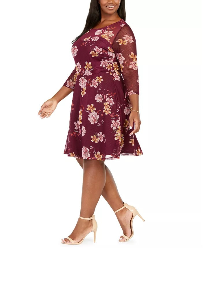 Love Squared Women's Plus Size Sweetheart Floral Swiss-Dot Dress Red Size 2X