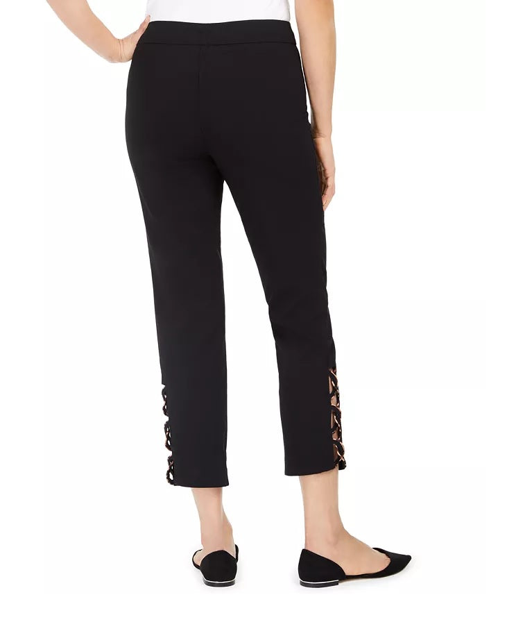 JM Collection Women's Tummy-Control Leopard Ladder-Hem Ankle Pants Black Size Small