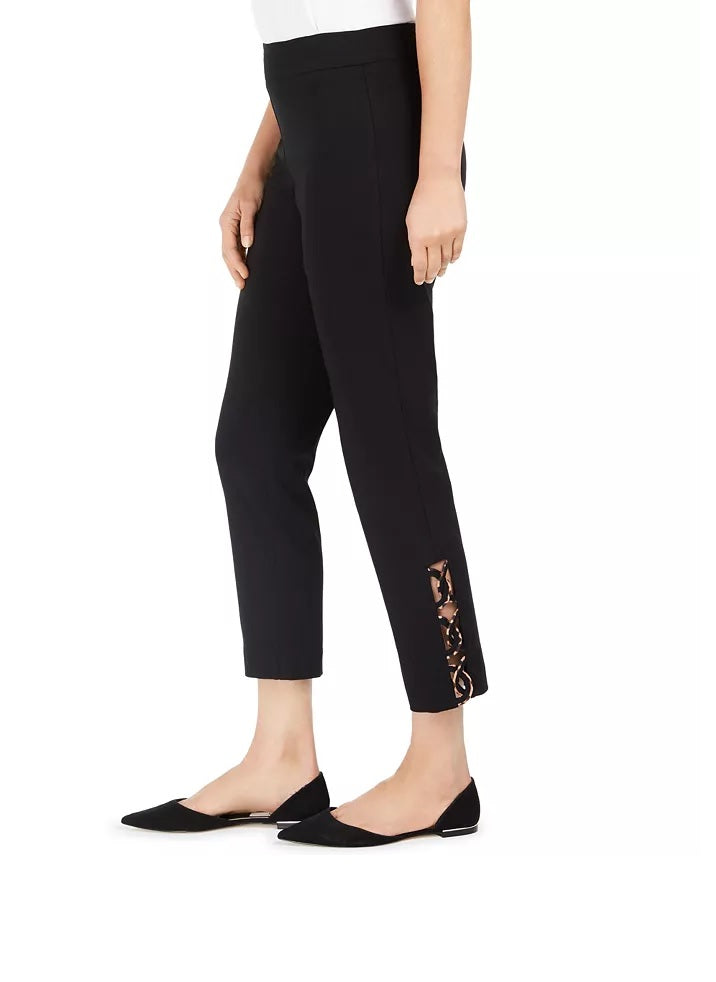 JM Collection Women's Tummy-Control Leopard Ladder-Hem Ankle Pants Black Size Small