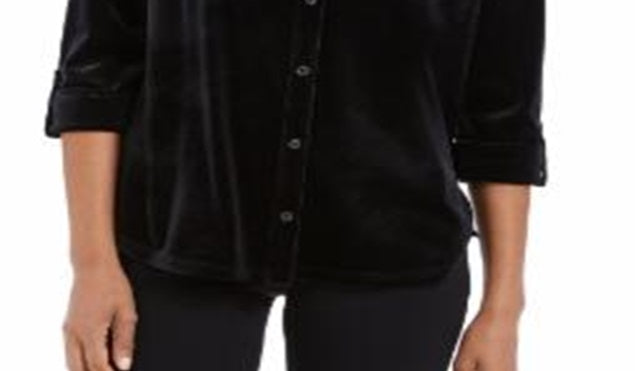 Charter Club Women's Button Front Velvet Top Black Size Petite Medium