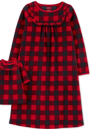 Carter's Little & Big Girl's 2 Pc Buffalo Check & Matching Doll Nightgown Red Size 2-3