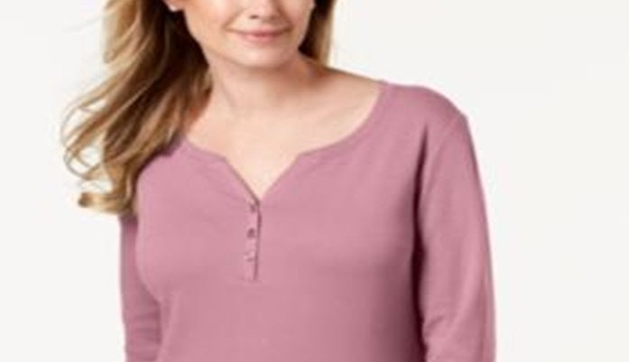 Karen Scott Women's Cotton Henley Top Pink Size Small