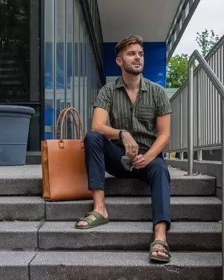 Volcom Men's Beasley Slim Fit Stripe Short Sleeve Button Up Shirt Green Size Medium