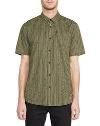 Volcom Men's Beasley Slim Fit Stripe Short Sleeve Button Up Shirt Green Size Medium