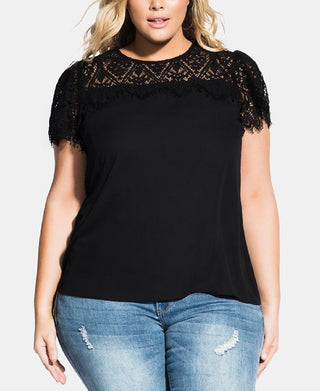 City Chic Women's Trendy Plus Short Sleeve Victorian Top Black Size XS