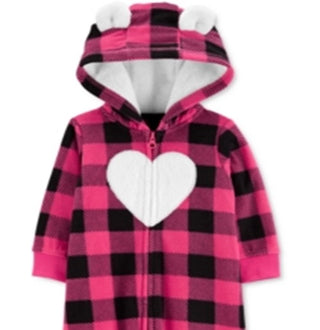 Carter's Girls' Jumpsuits Plaid Buffalo Check Heart Hooded Fleece Playsuit Pink Size 18 Months