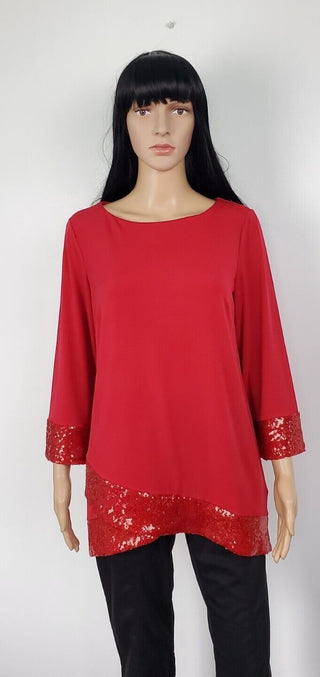 JM Collection Women's Sequined Hem Crossover Tunic Top Red Size M