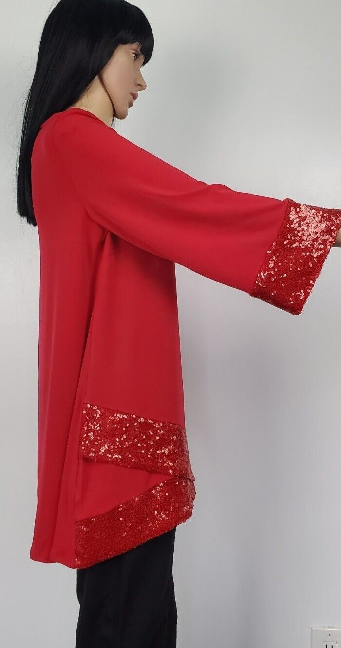 JM Collection Women's Sequined Hem Crossover Tunic Top Red Size M
