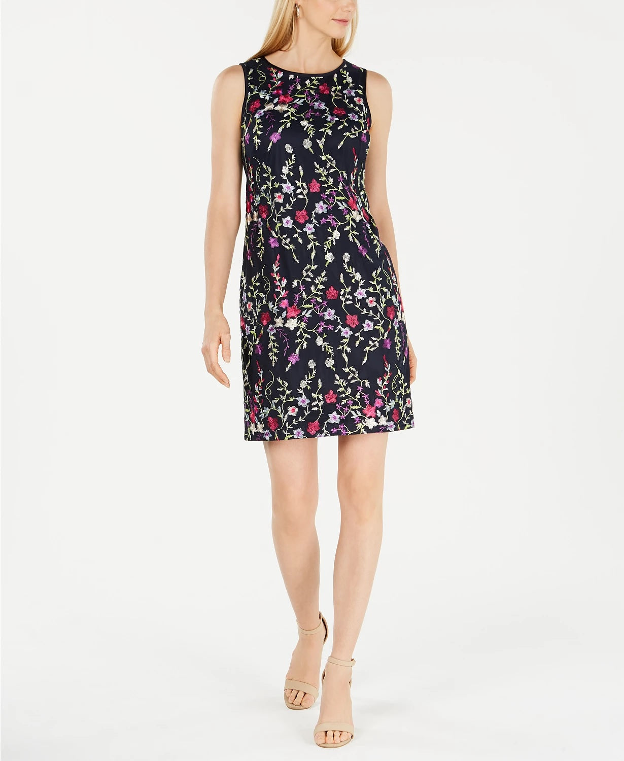 Jessica Howard Women's Petite Floral Embroidered Illusion Dress Blue Size 14 P