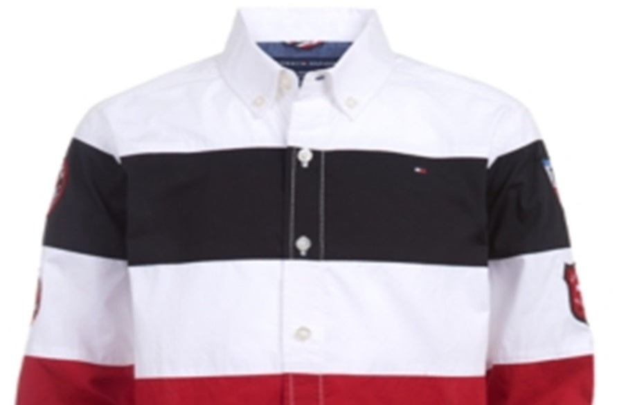 Tommy Hilfiger Big Boy's Philip Colorblocked Stripe Patch Poplin Shirt White Size L
