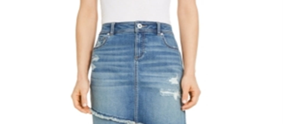 INC International Concepts Women's Destructed Fray Trim CrossoverHem Denim Skirt Blue Size 0