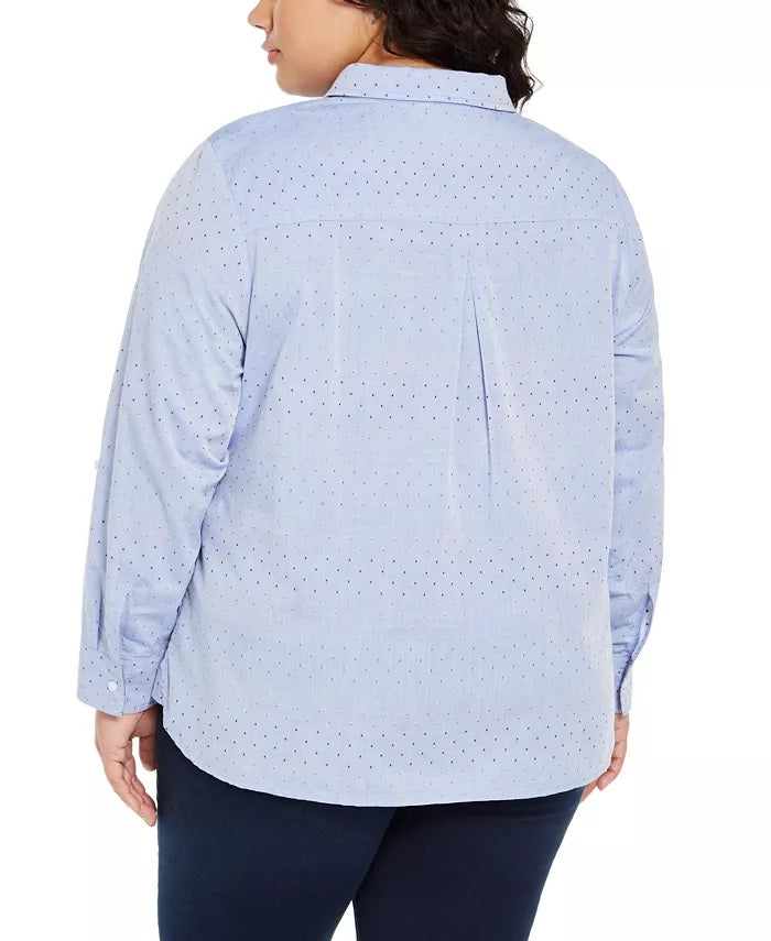 Tommy Hilfiger Women's Plus Size Polka Dot Zip-Front Cotton Shirt Blue Size 3X