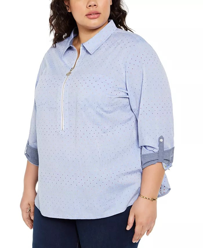 Tommy Hilfiger Women's Plus Size Polka Dot Zip-Front Cotton Shirt Blue Size 3X