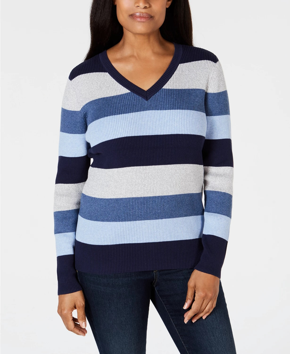 Karen Scott Women's Petite Striped Ribbed-Knit Cotton Sweater Blue Size Petite