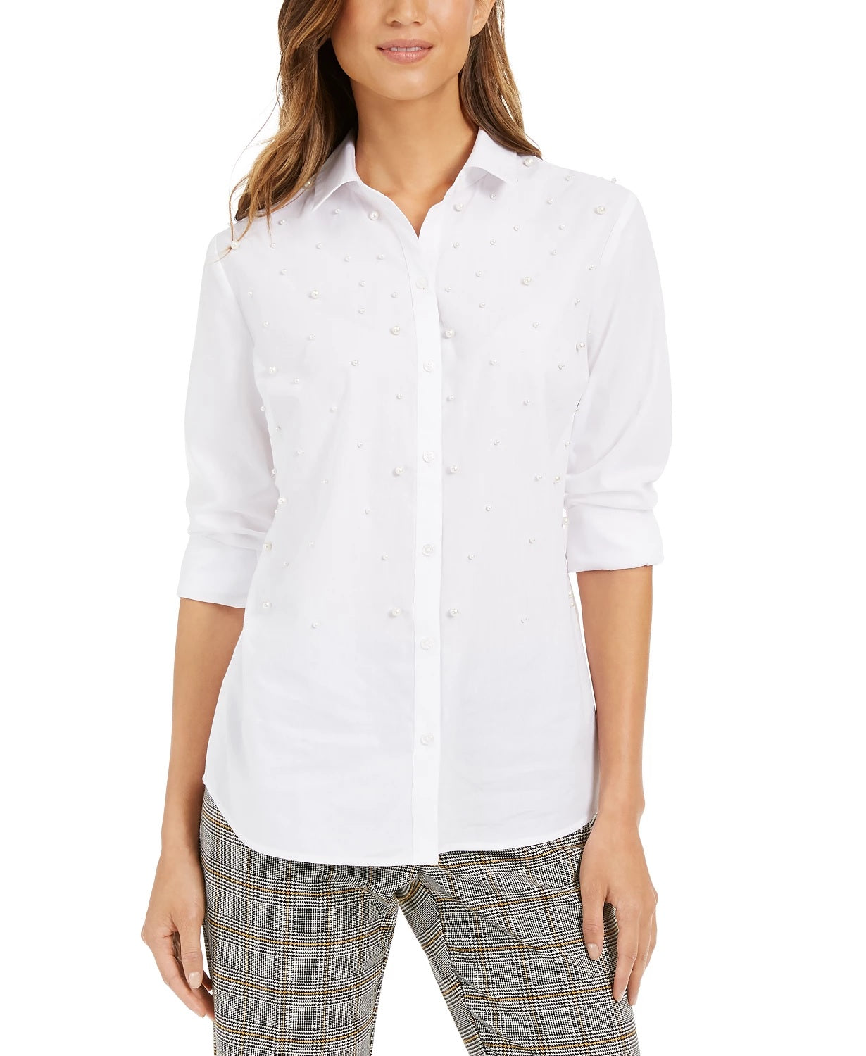 Charter Club Women's Petite Faux-Pearl Button-Front Shirt White Size Petite